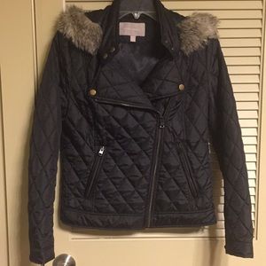 Moto Puffer Coat with Fur Hood